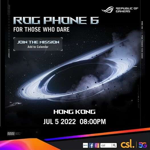 【#csl新機大召集 ROG Phone 6 即將登陸！】
新一代電競手機ROG Phone 6 即將登陸 csl，想第一時間接收到最新產品資訊同開賣詳情，記得密切留意我哋Facebook 嘅最新消息，約定你7月5日夜晚8點一齊睇 ROG